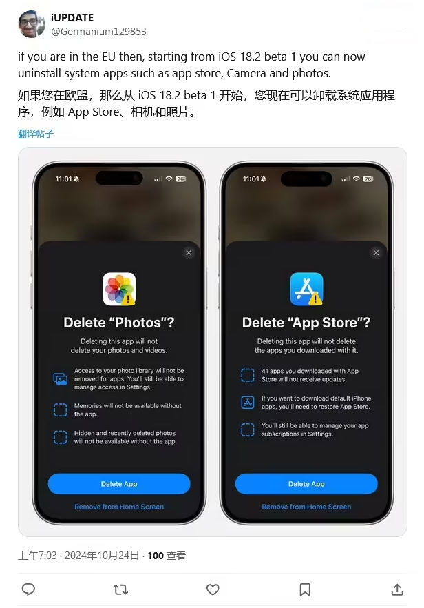 崖州苹果手机维修分享iOS 18.2 支持删除 App Store 应用商店 