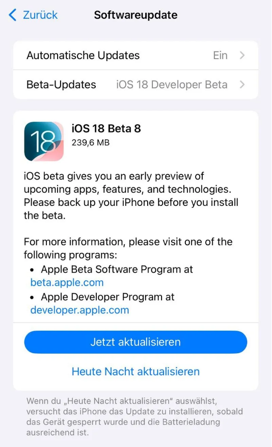 崖州苹果手机维修分享苹果 iOS / iPadOS 18 开发者预览版 Beta 8 发布 